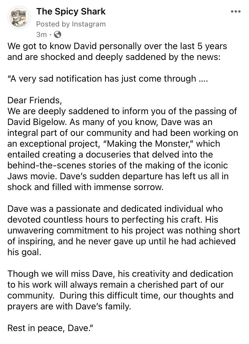 thespicyshark's tweet photo. RIP our friend Dave. We are thinking about you and your family. #jaws #jawsfans https://t.co/VSRhZq8Bzb