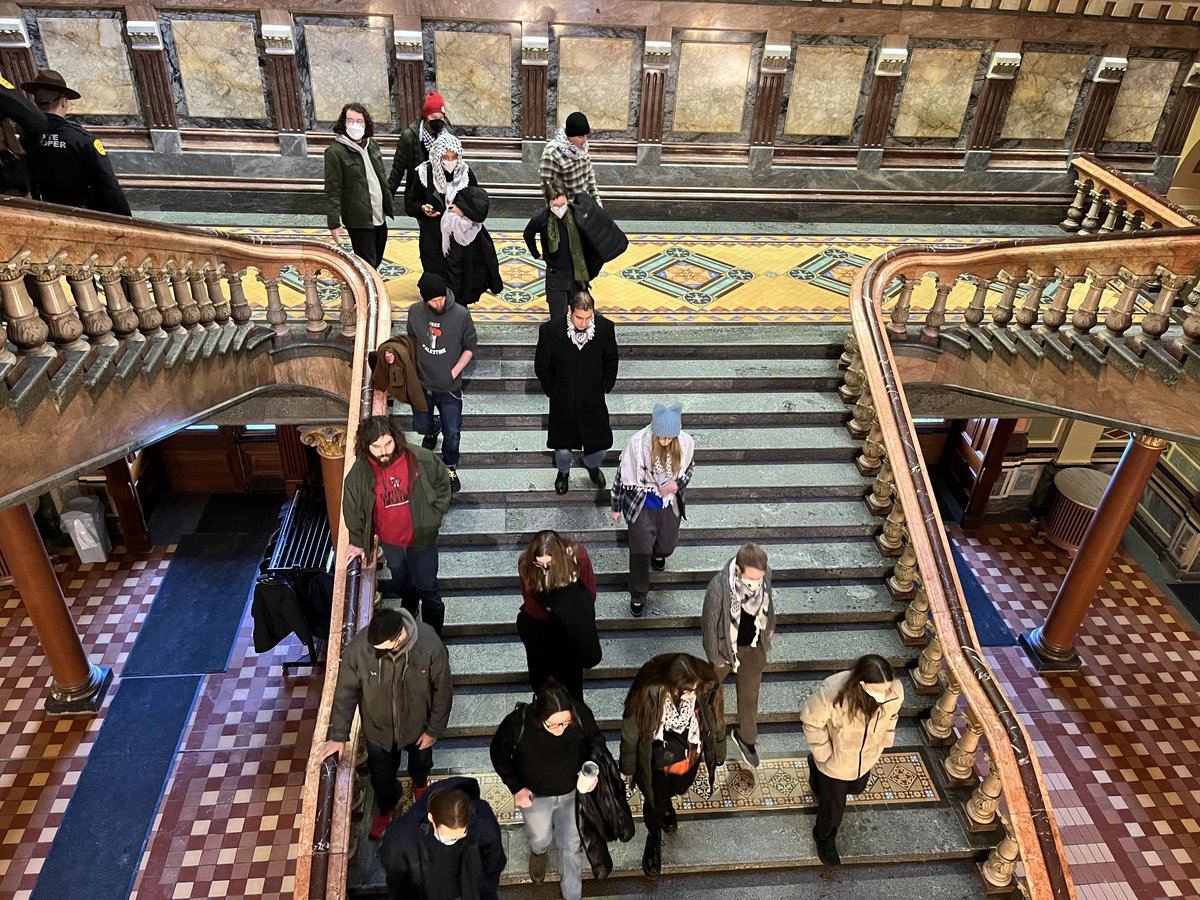 sgrubermiller's tweet photo. The Iowa House of Representatives passed a resolution this morning supporting Israel after the Oct. 7 Hamas attack. Pro-Palestinian protesters watched from the gallery, some shouting "shame," before they marched into the rotunda chanting "ceasefire now" and "stop the genocide." https://t.co/RJa0CoICh8
