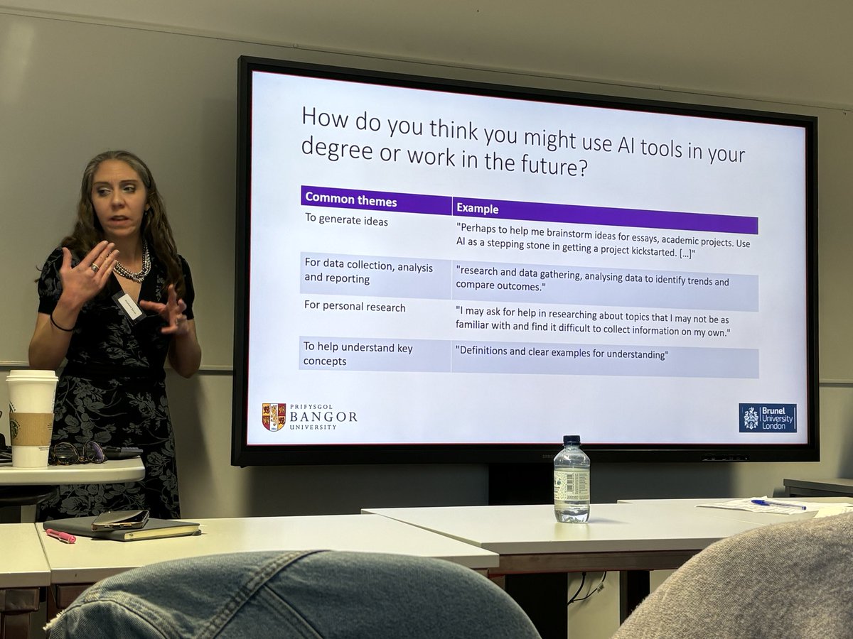 BrunelLearnTech's tweet photo. @neuronerdSB explaining some study findings showing what students feel they will be using #GenAI tools for in #HigherEd. https://t.co/WP4mRlLccT
