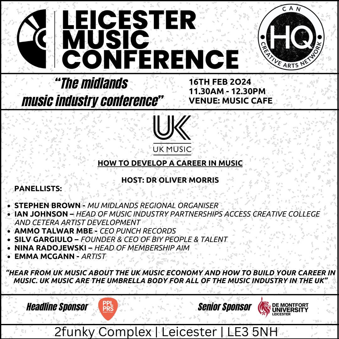 📢 Our first Panel Announcement! 

‘How to Develop a Career in Music’
Presented by Dr Oliver Morris of @_ukmusic 
And a talented line of panelists. 

Hear about the music economy, and how to build a career within the UK music scene from the umbrella body themselves: @_ukmusic