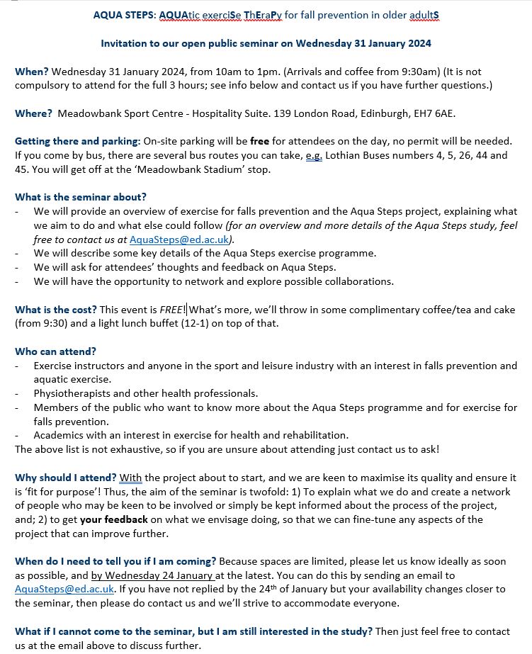 Interested in aquatic exercise for falls prevention? If yes, then our open public seminar on Wednesday 31 January in Edinburgh may be of interest to you. See below for more info and get in touch if you are interested! #aquaticexercise #fallsprevention #health