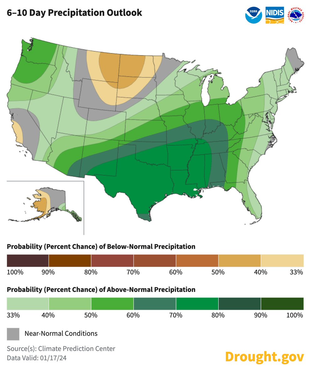 Had enough of the cold? You'll like next week's outlook. Warmer than normal temps are favored for the entire Lower 48, per @NOAA’s @NWSCPC. Most of the Lower 48 looks wet too, especially the Southern US. Drier for the N. Plains and a bit of CA. drought.gov/forecasts @NWS