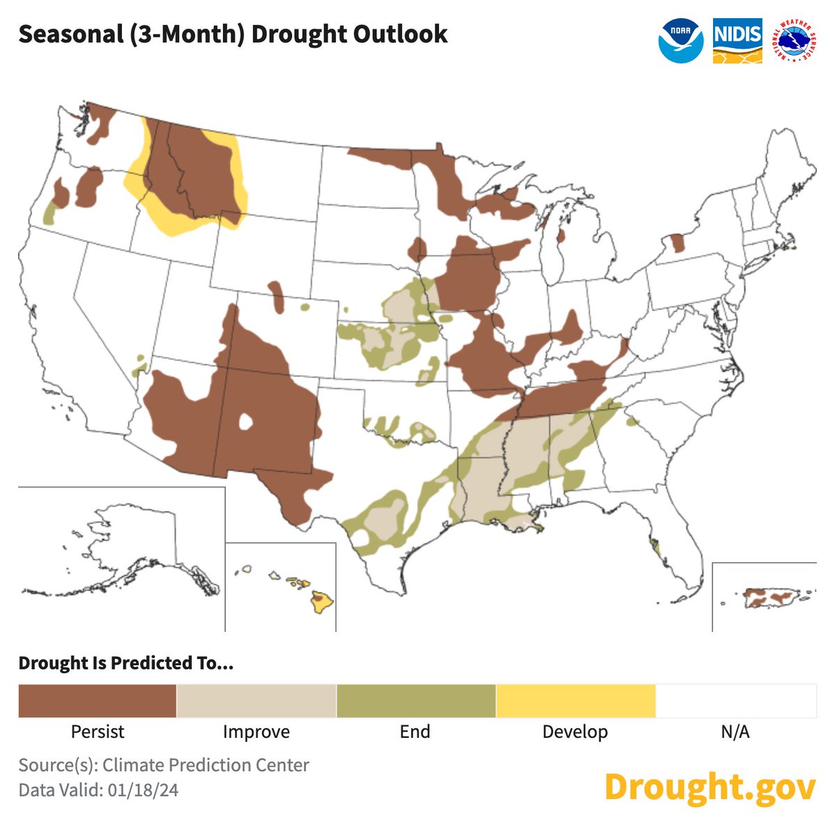 New Seasonal Outlook by @NOAA’s @NWSCPC Drought is expected to improve, but mostly remain, in the Central/Southern Plains and South/Southeast. Drought develops in the eastern Northwest/N. Rockies. HI and the USVI too. Otherwise, drought persists. drought.gov/forecasts @NWS