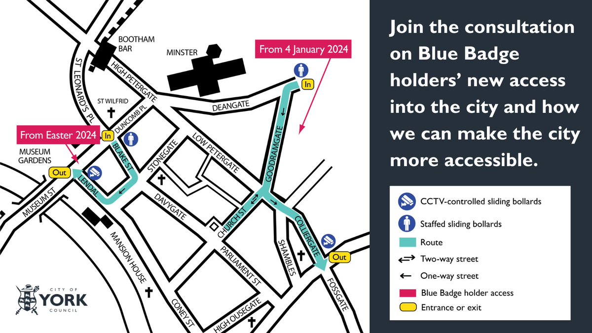 Blue Badge holders can now drive into the city centre through Goodramgate 10:30am-5pm. What else would make the city centre more accessible for all? Please take part in our online consultation before 4 February at york.gov.uk/bluebadgeaccess