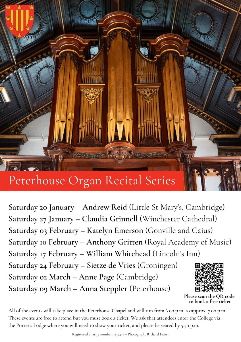 Following on from last weekend's inaugural recital given by Thomas Trotter, we have a packed term of events celebrating our newly-unveiled @Peterhouse_Cam Chapel Organ First up, this Saturday 20th Jan at 6pm: Andrew Reid, Director of Music at neighbouring Little St Mary's Church
