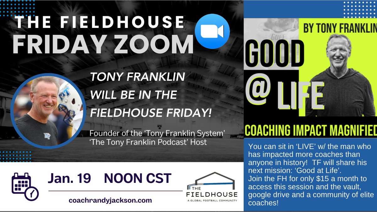 The Fieldhouse is kicking off Fri w/ the GOAT of influence on the game! @coachtf will coach us on 'Good at Life' & wherever q/a takes us at noon CST Friday! Go to coachrandyjackson.com to enroll in the FH. -All sessions recorded -Google Drive -Daily Chat @fastnwide