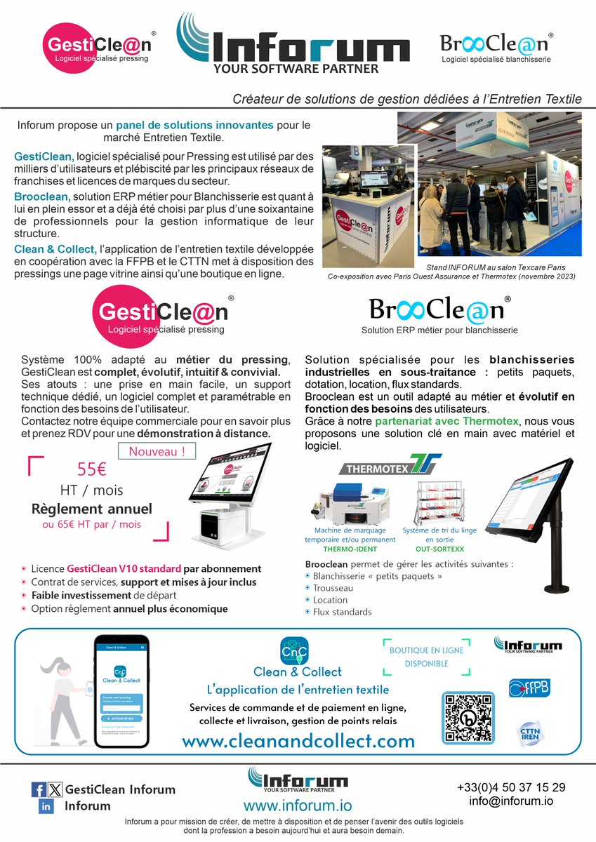 👀A découvrir...
Notre page publi-information parue dans le nouvel Entretien Textile n°312, en 2ème de couverture 😊
#gesticlean #logicielpressing #Brooclean #logicielblanchisserie
#cleanandcollect #applicationpressing #entretientextile
#Inforum