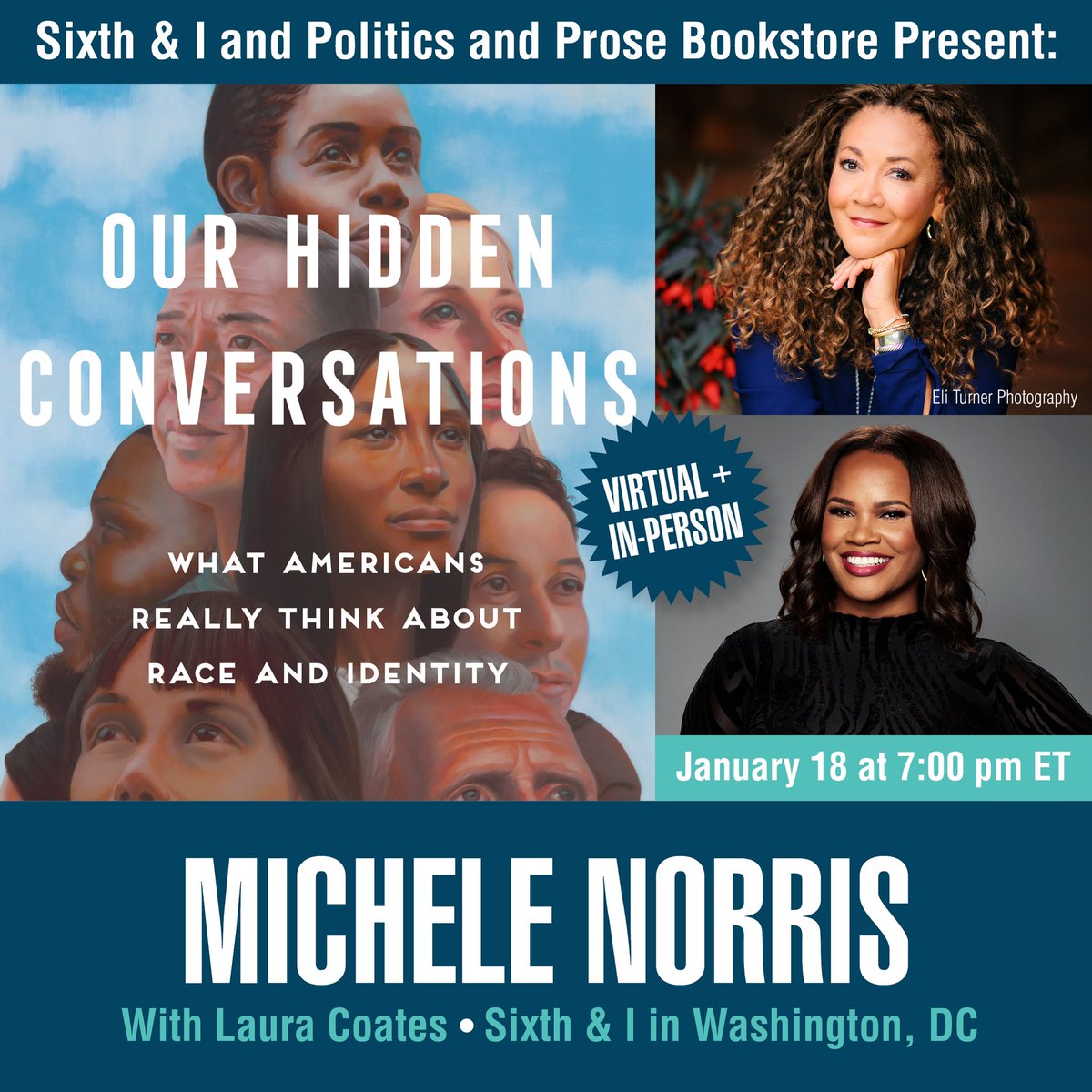 My first DC book event!!! Hello people of the DMV Join me at @SixthandI for an evening with @thelauracoates to discuss “OurHiddenConversations” about race & identity. Thanks to @PoliticsProse for sponsoring. Get tickets here. You can also join virtually: sixthandi.org/event/michele-…