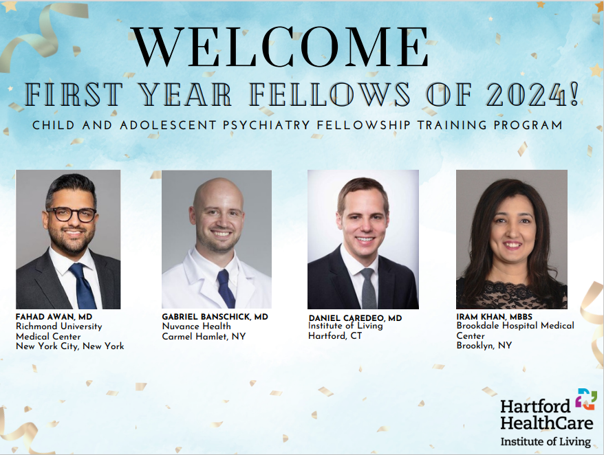 Welcome to our incoming first year child and adolescent psychiatry fellows! We're thrilled to have Drs. Awan, Banschick, Caredeo, and Khan join our family!