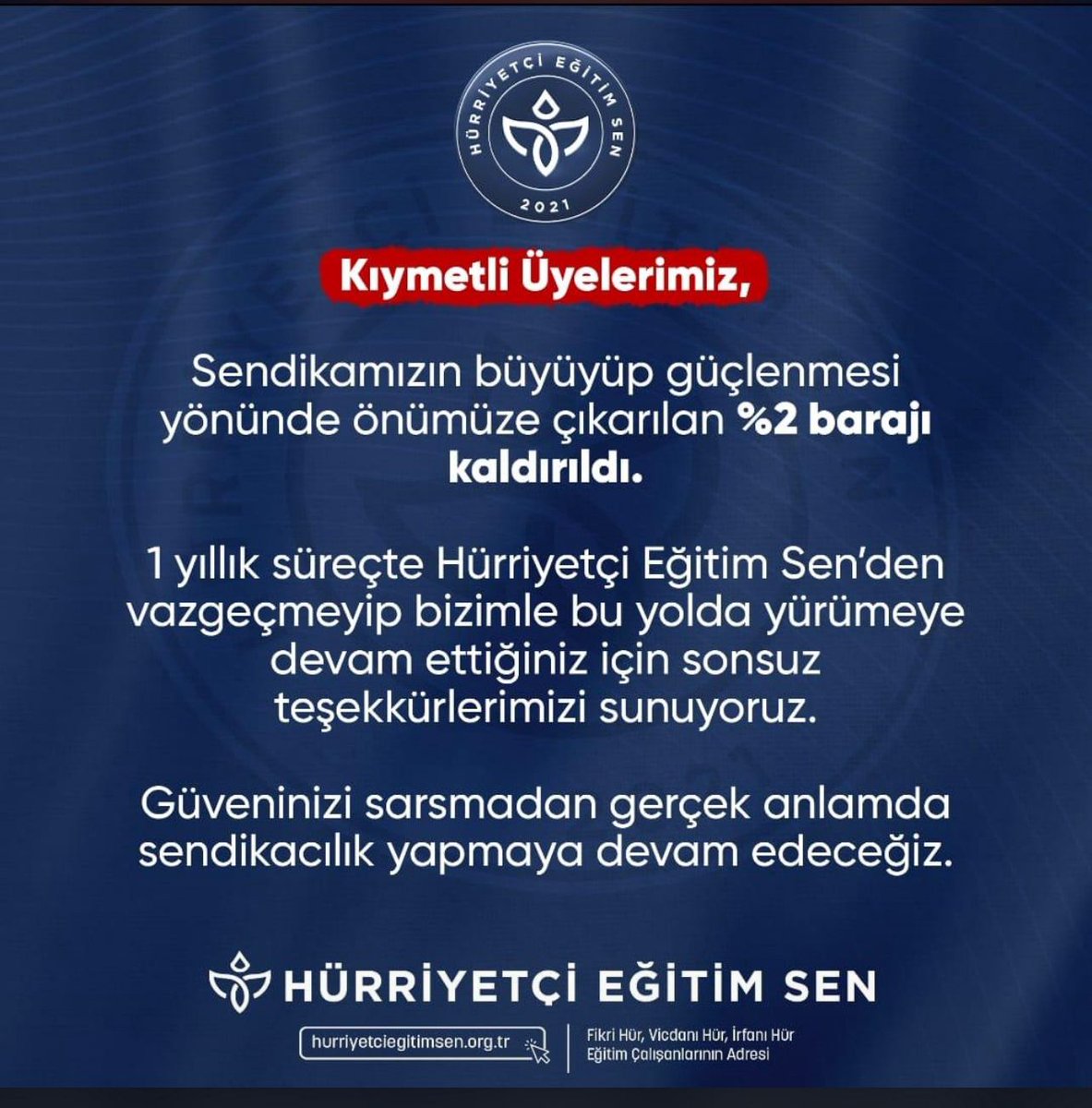 OmerOzyavuz06's tweet photo. Hürriyetçi Eğitim Senin kamu çalışanlarının gür sesi olmasını engellemek için çıkartılmış olan %2 Baraji Anayasa Mahkemesi tarafından iptal edilmiştir. Bu süreçte yanımızda durup bizlere inanan her bir üyemize şükranlarımızı sunuyorum...
Gülümseyin yeniden Başlıyoruz 😉 https://t.co/JUhxdwRiqB