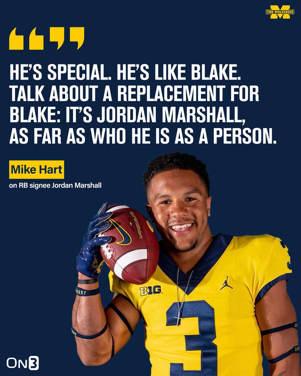 .@MHart2032 compares 'special' Michigan RB signee Jordan Marshall (@J_MARSH2024) to Blake Corum 👀🔥#GoBlue Story: on3.com/teams/michigan…