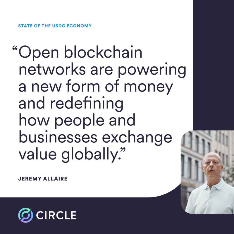 circle's tweet photo. Open blockchains are at the heart of open money, accelerating commerce with a foundation in US dollars, powered by USDC. Learn more about the emerging internet financial system in the State of the USDC Economy 2024 report.