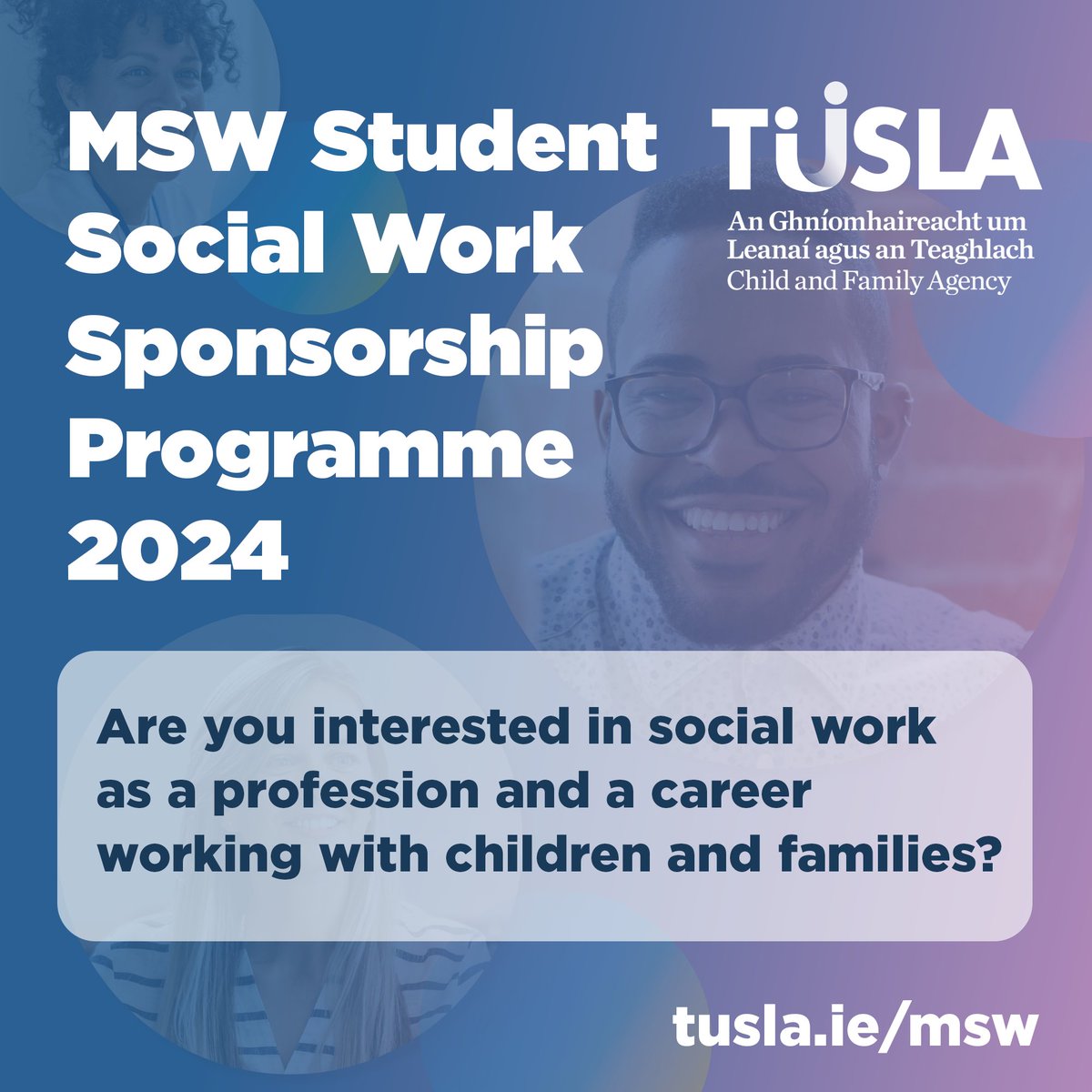 @tuslaireland announced a sponsorship programme for Masters in Social Work students. Tusla will provide €5k for each academic year and a full-time permanent position with Tusla for a minimum of 3 years after completing the course. For more info visit tusla.ie/msw