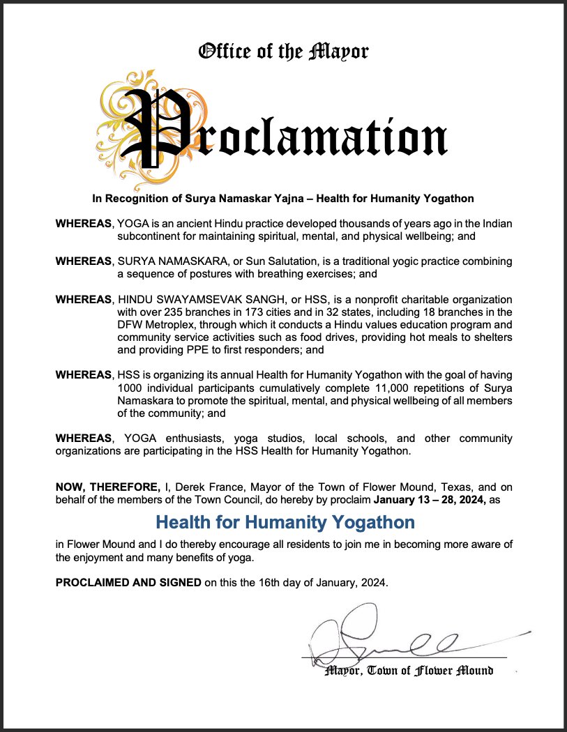 Anurag Sharma (अनुराग शर्मा) (@anuragksharma) on Twitter photo We are honored and grateful to receive the proclamation for the "Health for Humanity Yogathon." from the Mayor of <a href="/flower_mound/">Town of Flower Mound</a> <a href="/DerekTheMayor/">Derek the Mayor</a>
This recognition is a testament to the collective efforts we've put into promoting health and well-being through the practice of yoga. We are honored and grateful to receive the proclamation for the "Health for Humanity Yogathon." from the Mayor of <a href="/flower_mound/">Town of Flower Mound</a> <a href="/DerekTheMayor/">Derek the Mayor</a>
This recognition is a testament to the collective efforts we've put into promoting health and well-being through the practice of yoga.