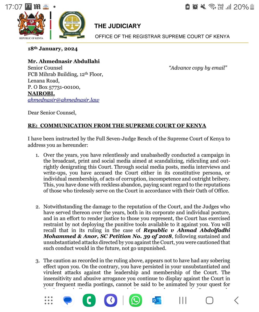 CaptainKipkorir's tweet image. "You shall have no audience before the court. " The Supreme Court of Kenya, via  Registrar Hon. Wachira, writes to SC Ahmednasir Abdullahi.

Grand Mullah has always stood  with the truth and against corruption the courts.

#SCOK🚮

JKIA Dr Isaac Mwaura Esther Maina #ThisWasRuto