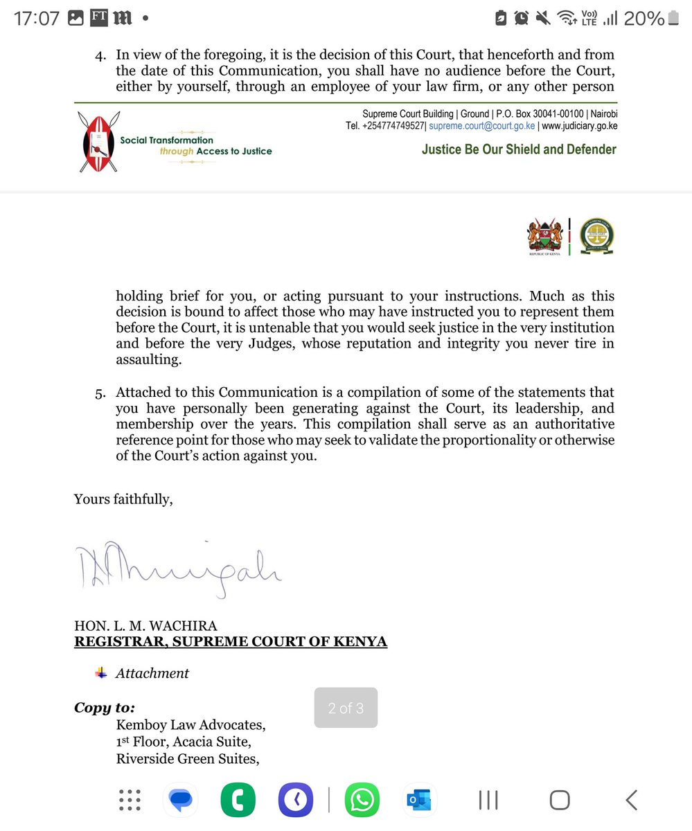 CaptainKipkorir's tweet image. "You shall have no audience before the court. " The Supreme Court of Kenya, via  Registrar Hon. Wachira, writes to SC Ahmednasir Abdullahi.

Grand Mullah has always stood  with the truth and against corruption the courts.

#SCOK🚮

JKIA Dr Isaac Mwaura Esther Maina #ThisWasRuto