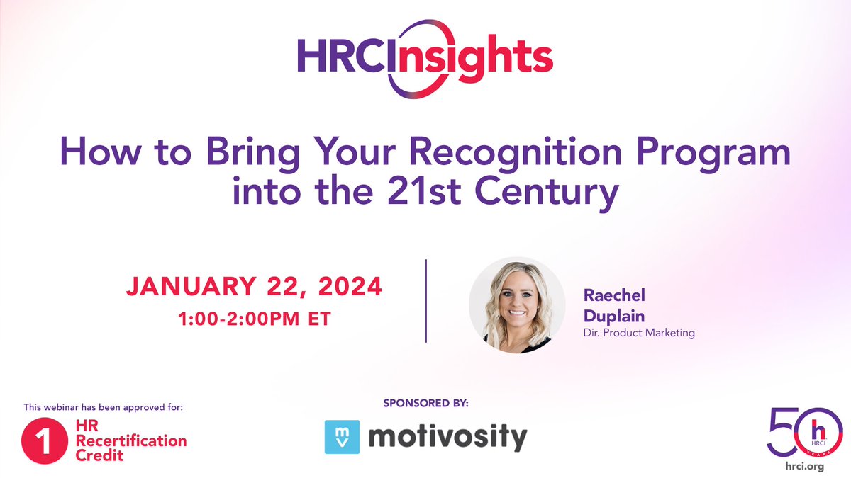 Unlock the secrets to a more effective recognition program with Motivosity on 1/22 at 1 pm ET. Explore the value of #employeerecognition and strategies to revamp your program. 

Register at ow.ly/hKR850Qs7Kc.

#HRCInsights #HR #HumanResources