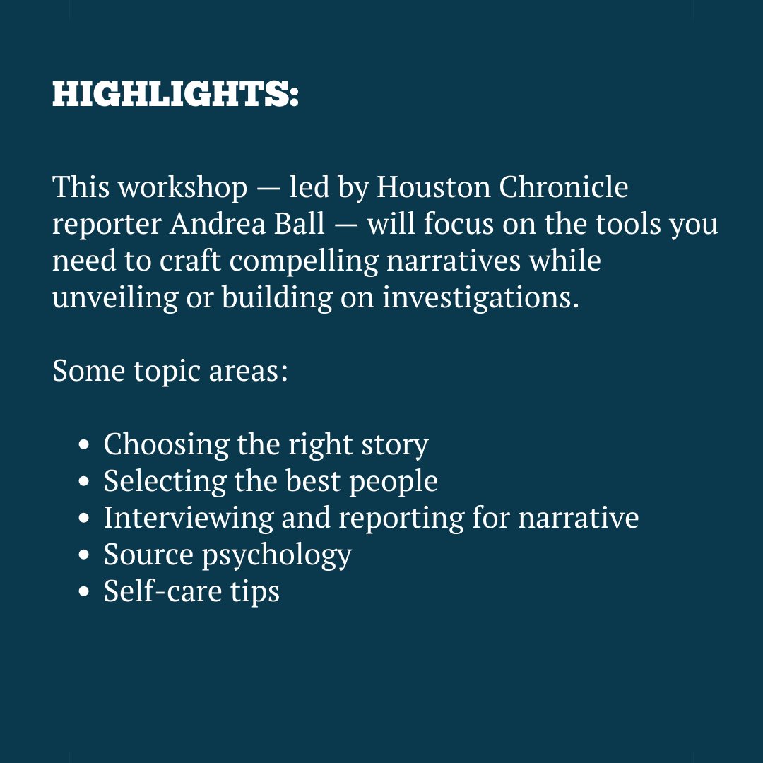 Save the date! We are hosting a free virtual workshop on Tuesday, Jan. 30, on how to report for narrative stories. Time: 2 p.m. ET; 1 p.m. CT; 11 a.m. PT Our guest will be @andreeball, investigative reporter with the Houston Chronicle.