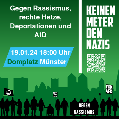 Neue Location! Aufgrund der zahlreichen Rückmeldungen und Aufrufe verlegen wir unsere Kundgebung auf den Domplatz #Münster! 19.1.24 - 18 Uhr - Gegen Rassismus, rechte Hetze, Deportationen und die AfD! #noafd #nonazis