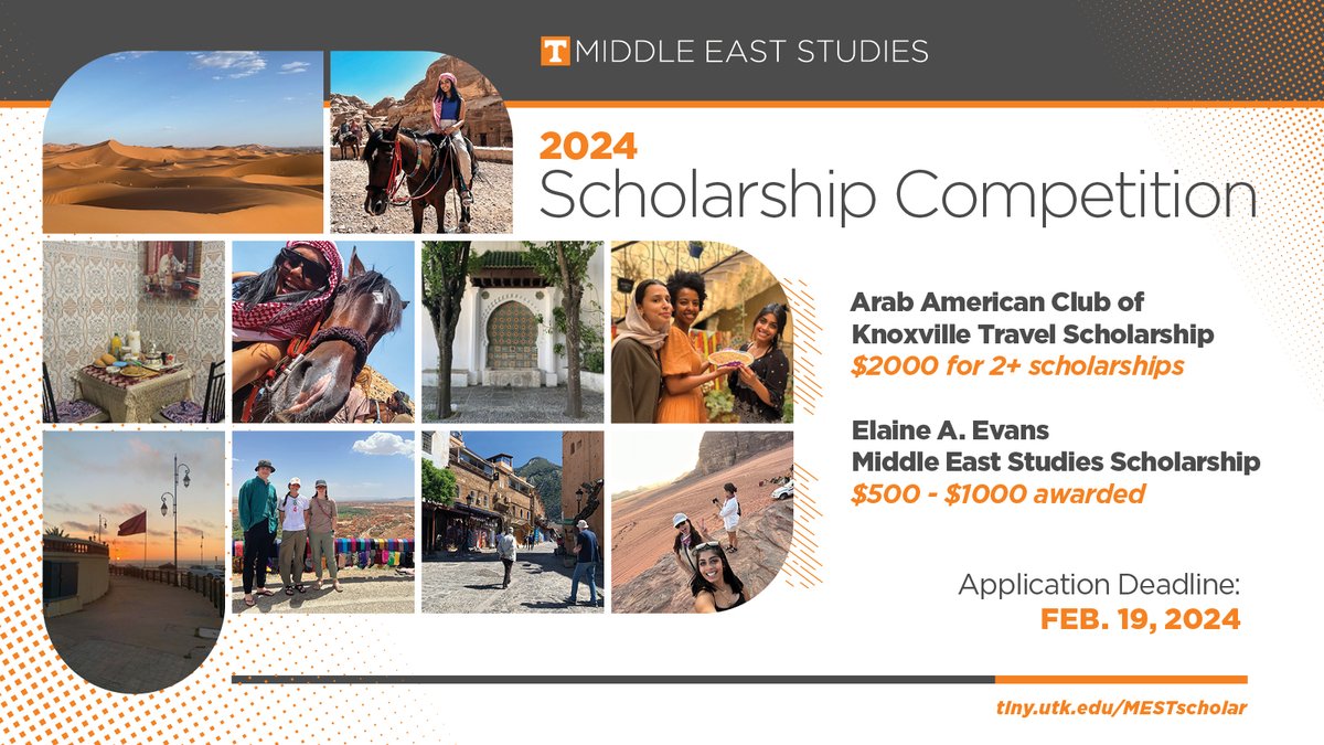 Matt Buehler (@mattjbuehler) on Twitter photo Tell UT students in your lives to apply to the AACK Travel Scholarship, which is a $2000 scholarship for Arabic study, archeological digs, or other study abroad educational activities in Arabic-speaking countries. Deadline: Feb. 19.
<a href="/UTKGlobal/">Center for Global Engagement</a> Tell UT students in your lives to apply to the AACK Travel Scholarship, which is a $2000 scholarship for Arabic study, archeological digs, or other study abroad educational activities in Arabic-speaking countries. Deadline: Feb. 19.
<a href="/UTKGlobal/">Center for Global Engagement</a>