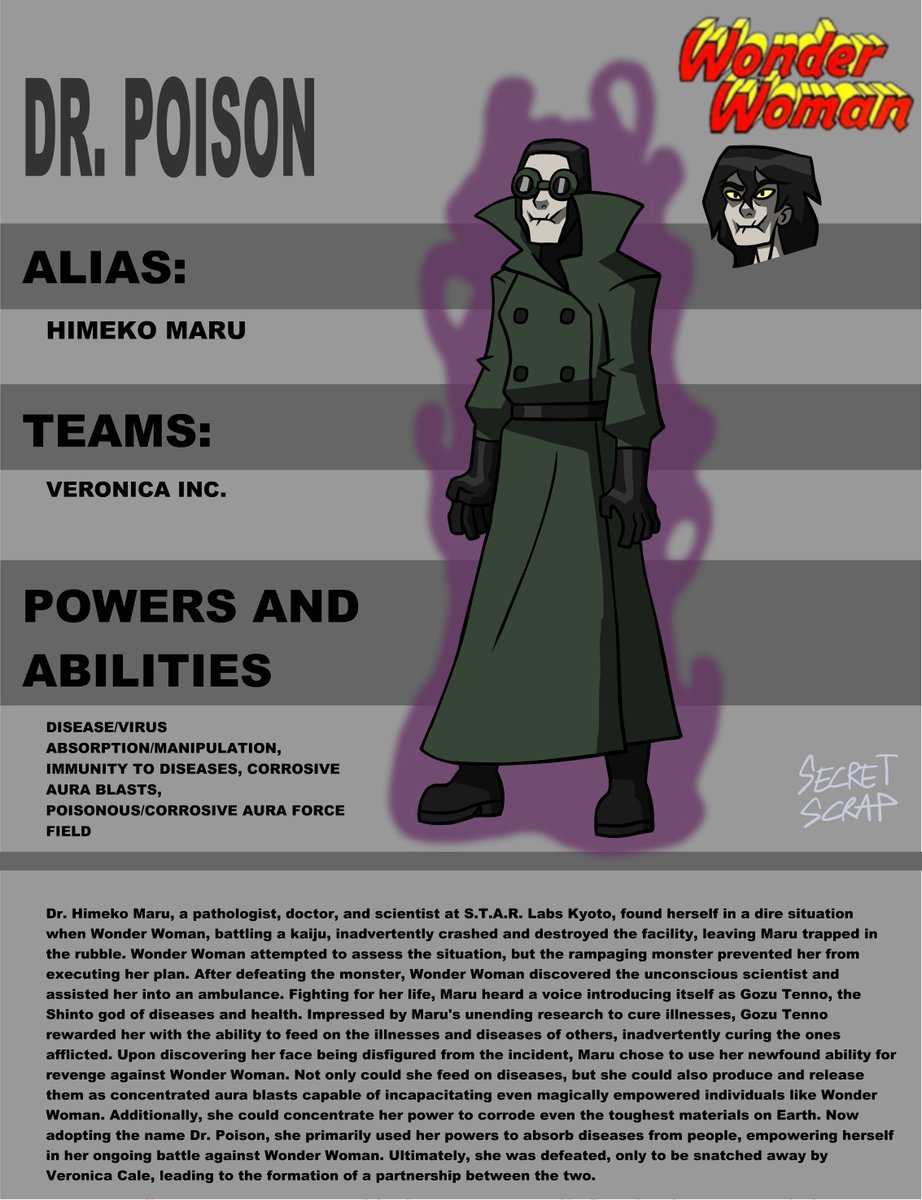 SecretScrapV2's tweet photo. Wonder Woman TAS: Dr. Poison
My concept and design for Dr. Poison
#DC #DCComics #WonderWoman #DrPoison #DoctorPoison #CharacterDesign #Character_Design https://t.co/nfNzhuAdVE