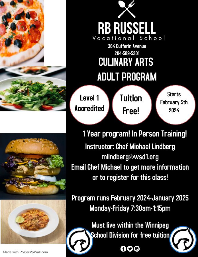 R. B. Russell HS (@rbrussellhs) on Twitter photo RB Russell is currently looking for a couple more students to fill our Tuition FREE Adult Level 1 accredited Culinary Arts program. The course starts February 5th and runs until January 2025, Monday- Friday 730am-115pm. Contact Chef Michael mlindberg@wsd1.org @WinnipegSD RB Russell is currently looking for a couple more students to fill our Tuition FREE Adult Level 1 accredited Culinary Arts program. The course starts February 5th and runs until January 2025, Monday- Friday 730am-115pm. Contact Chef Michael mlindberg@wsd1.org @WinnipegSD