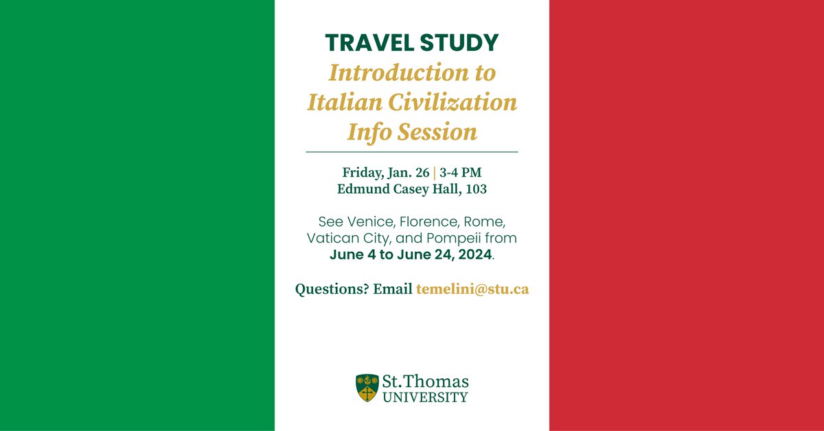 Interested in a Travel Study opportunity to Italy?

Join us for an information session Friday, Jan. 26 at 3 PM in Edmund Casey Hall, 103.

The travel dates are from June 4 to June 24, 2024 and is open to everyone 18 years and older.

Details: bit.ly/3HkH5ez