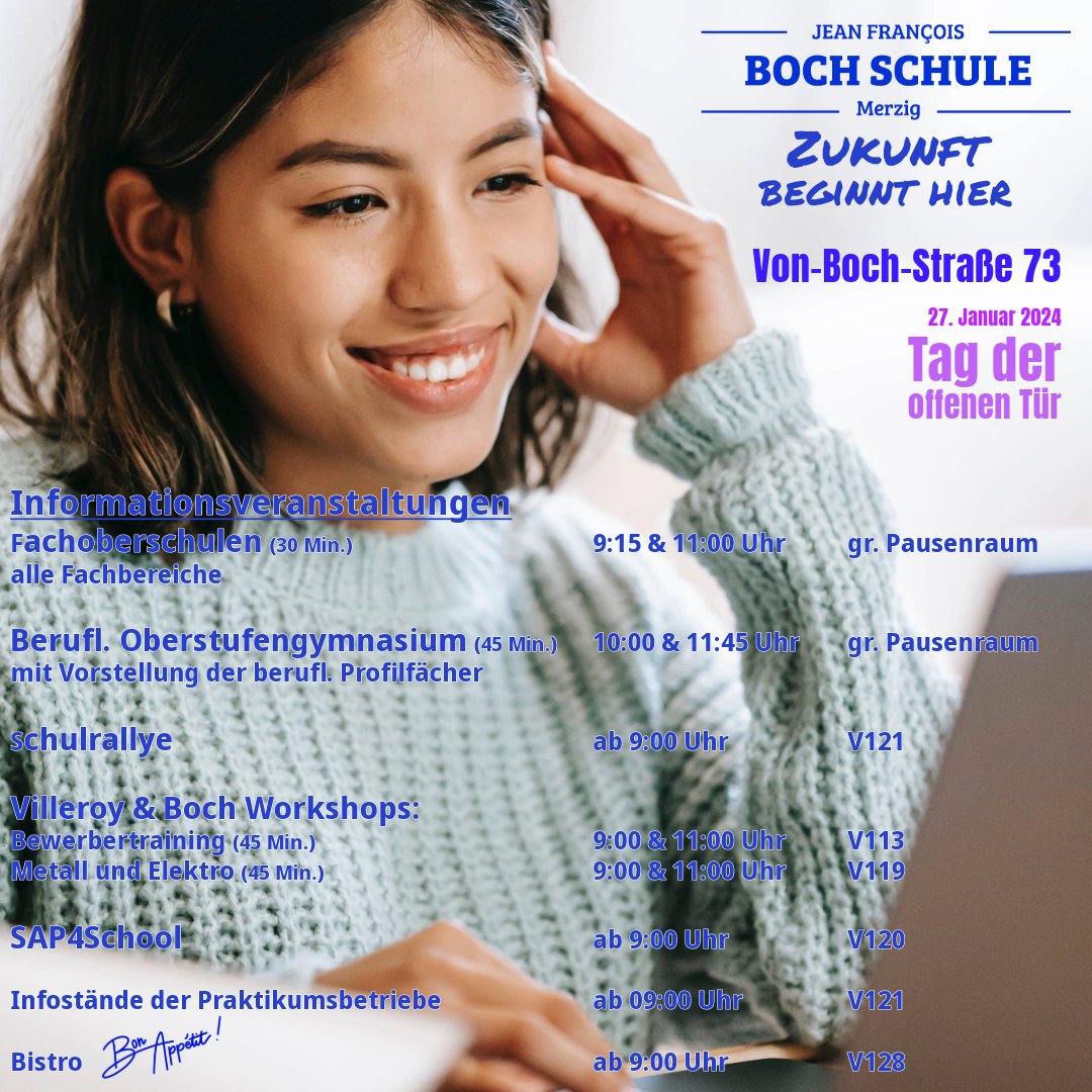 BBZ_Merzig's tweet photo. Zukunft beginnt hier! Samstag, 27.01.24, Tag der offenen Tür in beiden Häusern der #bochschule von 9:00 bis 12:30. Präsentationen &amp; Vorträgen zu allen Schulformen statt. 
Infos und Online-Anmeldung für alle Schulformen unter https://t.co/f4ANx0FNlB https://t.co/N9LBujVs55