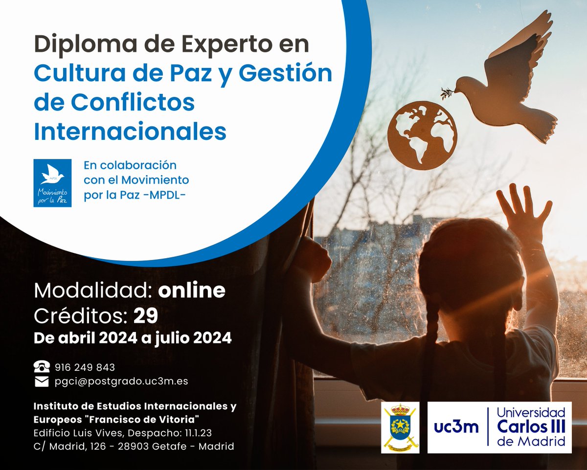 🔵 Abierto el periodo de matriculación para el Diploma #online de "Experto en Cultura de Paz y Gestión de Crisis Internacionales".  

Toda la información e inscripciones en: uc3m.es/experto/cultur…

#CulturadePaz