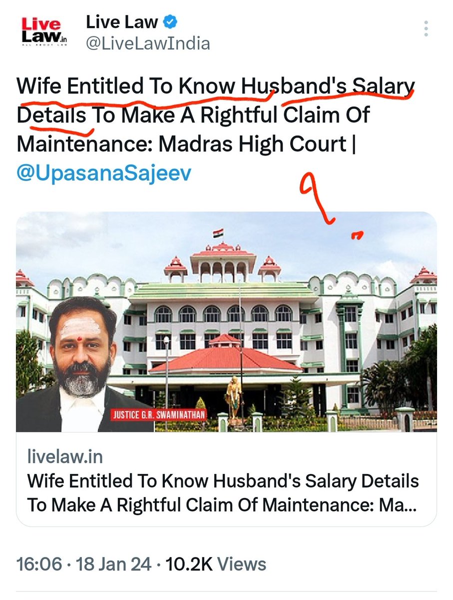 @LiveLawIndia @UpasanaSajeev What about husbands #MiLord? Husband should also be entitled to know about wife's salary details to counter the illegal demand of #Alimony and #Maintenance beggars Husbands are also citizen of this country na ??