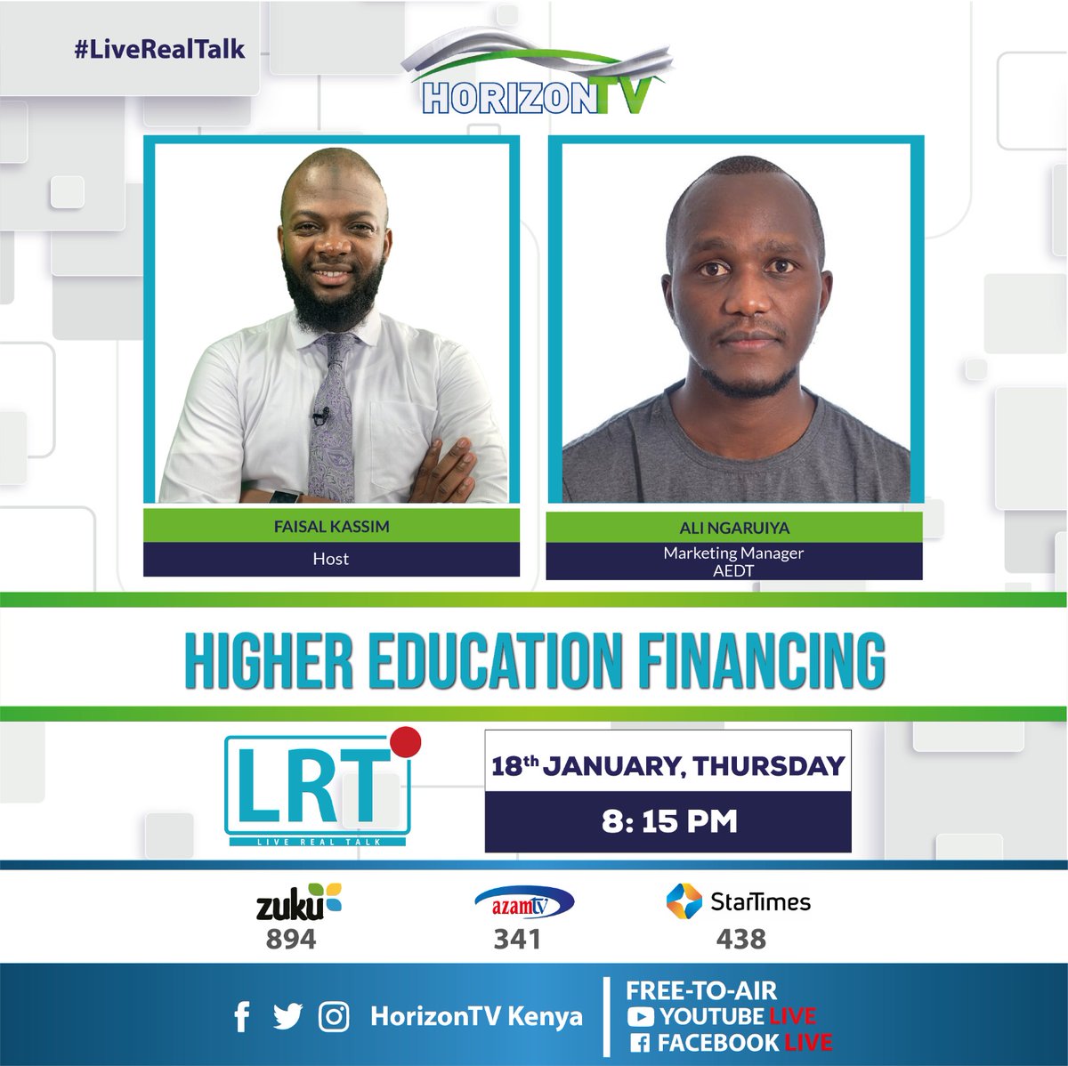 JamiaTvKenya's tweet photo. Join us tonight as we discuss the higher education financing with Ali Ngaruya the marketing manager at AEDT.
@elimishatrust #EducationForAll #liverealtalk https://t.co/IDKbEKlH9j