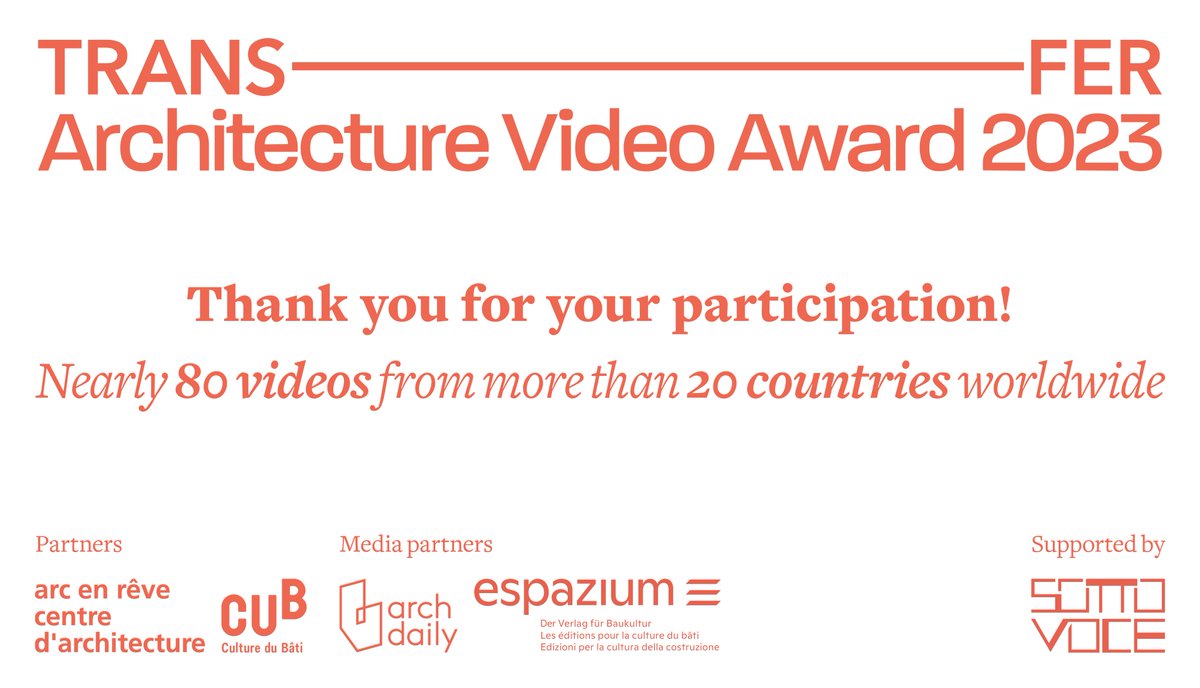 TransferArch's tweet photo. THANK YOU to all the participants of the #TRANSFERVideoAward 2023!

We are delighted with the great international interest raised by the third edition of the Award, attracting the participation of nearly 80 videos from more than 20 countries worldwide.

Good luck!

#videoaward https://t.co/Fbkj6T0FD7