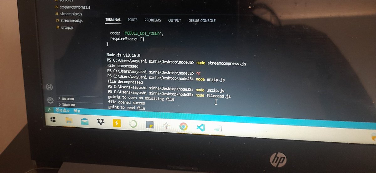 Aayushi__8's tweet image. Executed Node js file functions 
Readerstream Writerstream
File compressing , decompressing using zlib and file extension .gz for zipped file.
.pipe function to send streams of data chunks.
#Day3
#learningNodeJs
#100DaysOfCode 
#100daysofcodechallenge 
#LearnInPublic