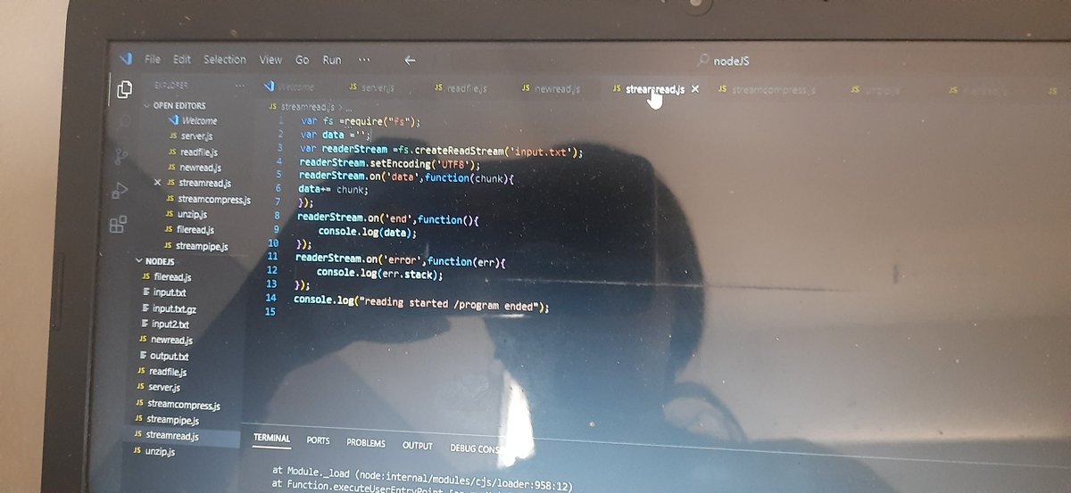 Aayushi__8's tweet image. Executed Node js file functions 
Readerstream Writerstream
File compressing , decompressing using zlib and file extension .gz for zipped file.
.pipe function to send streams of data chunks.
#Day3
#learningNodeJs
#100DaysOfCode 
#100daysofcodechallenge 
#LearnInPublic