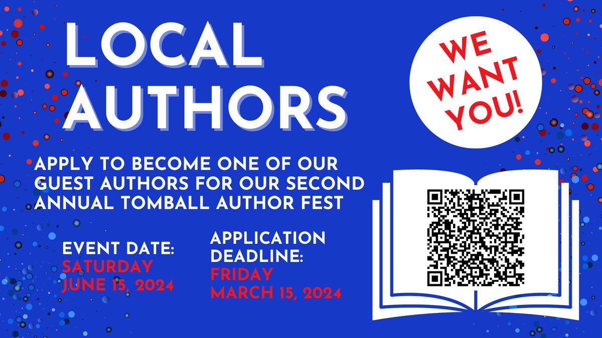 tomballlibrary's tweet photo. Call for Local Authors - Applications Open! Tomball Author Fest 2024
APPLICATION DEADLINE: FRIDAY, MARCH 15, 2024 *zero tolerance policy for exceptions/extensions*
Click the following link to complete your application: https://t.co/QijPzetDFj
#harriscountypl #tomballlibrary https://t.co/9bUSTHmHUt