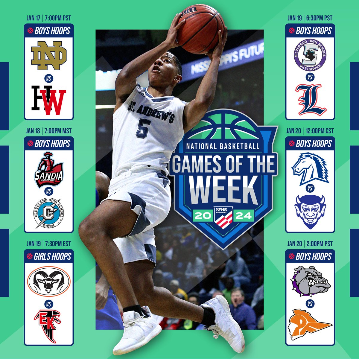 NFHSNetwork's tweet image. Matchups you don't want to miss ❌ 

Here's the National Basketball Games of the Week 🏀

✅Sandia vs @cleveland_bball 
✅@RockGBB vs @east_bball 
✅@SilveradoHoops vs @nv_liberty 
✅@MNHS_Basketball vs @QHSBASKETBALL 
✅Baker vs @PFTrojans 
✅@HWHoops vs @NDAthleticsSO 

📲:…