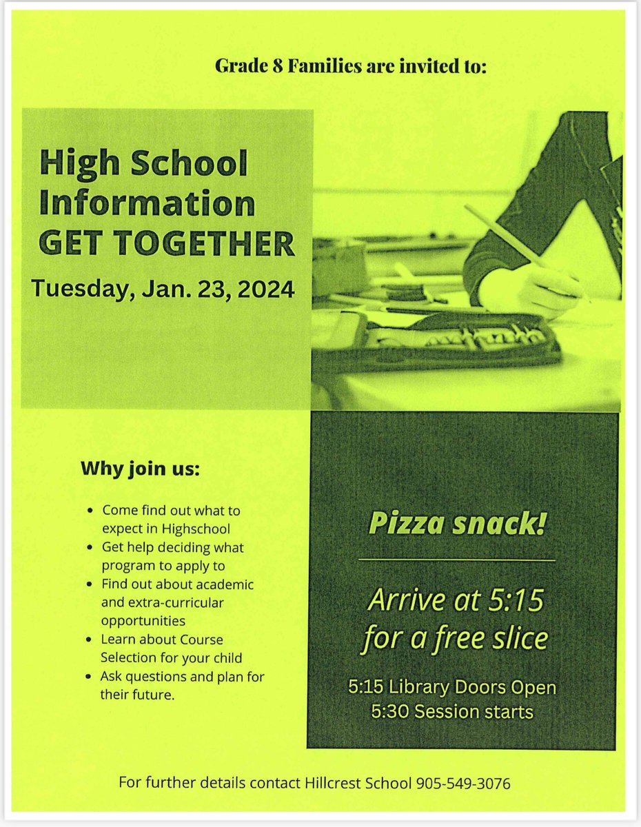 Grade 8 families @Hillcrest_HWDSB @HWDSB are invited to attend a High School Information Night @Hillcrest_HWDSB on Tuesday, January 23, 2024 in the Library. Please join us at 5:15 pm to ask questions about programming and plan for your child's future.