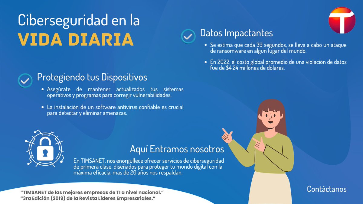 "Protege tu Mundo Digital con Nosotros 🛡️✨
En TIMSANET, ofrecemos servicios de ciberseguridad de excelencia, asegurando tu tranquilidad en el mundo digital. ¡Contáctanos y fortalece tu seguridad en línea! #Ciberseguridad #ProtecciónDigital #Seguridad