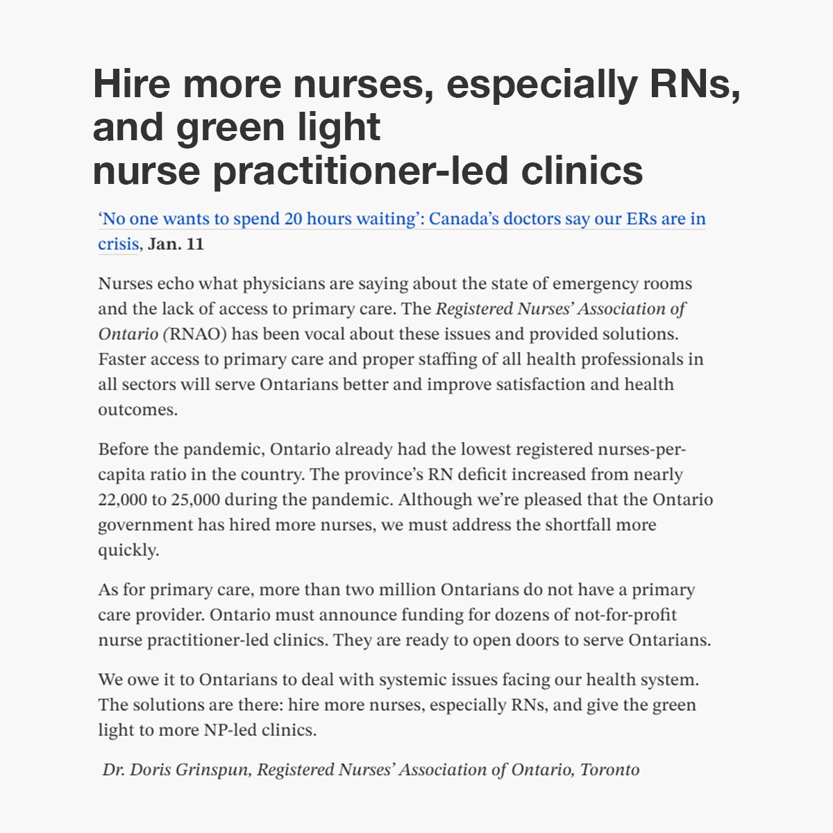 In a letter to the editor in @TorontoStar, RNAO CEO @DorisGrinspun says not-for-profit nurse practitioner-led clinics 'are ready to open doors to serve Ontarians.' Solutions @ONgov: ✅hire more nurses ✅fund more #NP-led clinics ⬇️Full story (paywalled): thestar.com/opinion/letter…