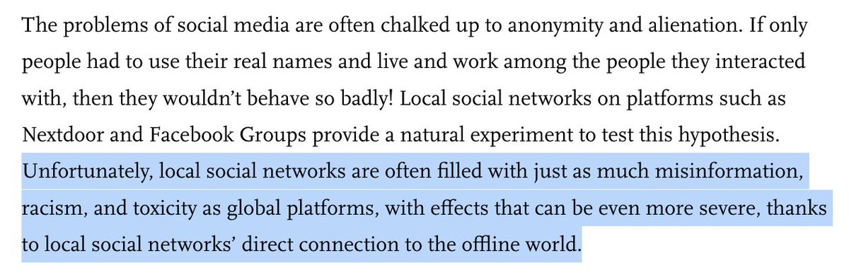 The 'local paradox': we expect local social networks to be healthier spaces for conversation, but they can end up being just as toxic, or more toxic, than global platforms. Can it be overcome? ssir.org/articles/entry…