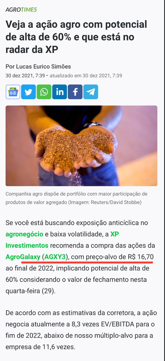 🤔🤔 Ninguém mais fala de Agxy3?!? Tá fazendo mínima de 12 meses. 

Em Dez/2021 a XP tinha preço alvo de $16.70!!

E aí encaram?