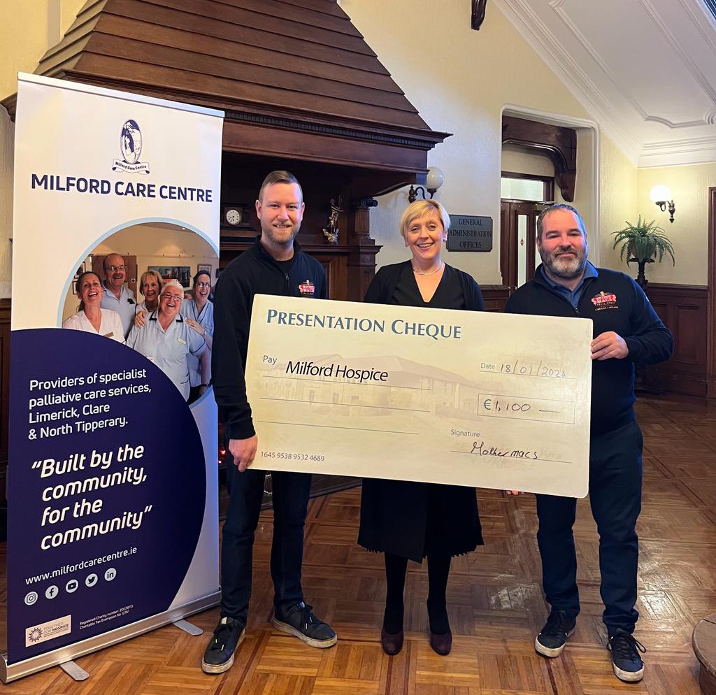 On New Years Eve the staff and customers raised €1100 while ringing in 2024. 

Picture are James &amp; Vinnie presenting the cheque to Milford Care Centre. 

Many thanks to all who contributed and what a great way to welcome in the new year.