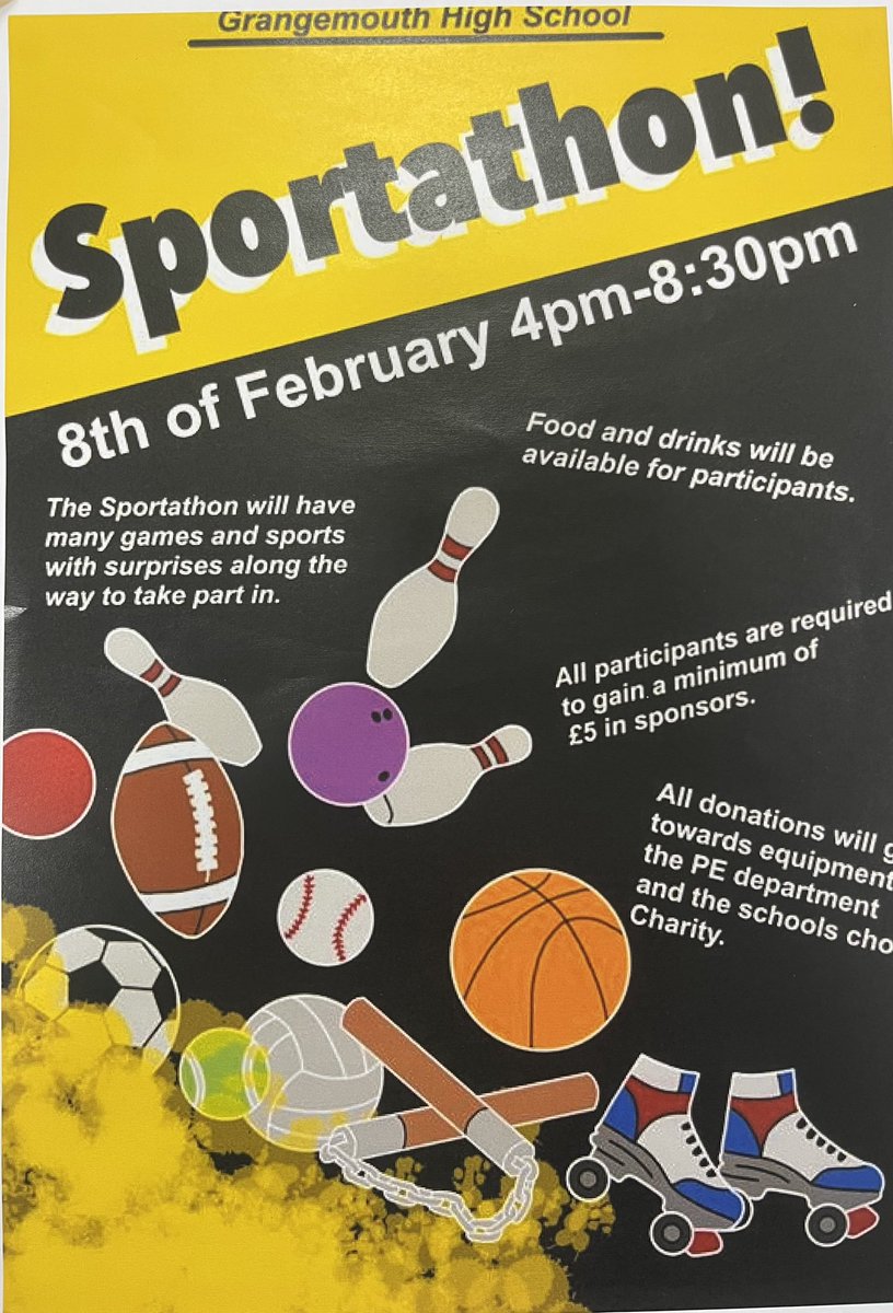 Delighted to announce that <a href="/GrangemouthHS/">Grangemouth HS</a> will be hosting a school Sportathon on the 8th of February🛼🏊🏼‍♀️🏋️🏀🤸🏽🏓⚽️

Lots of sign ups already today at lunch👏🏽Still plenty of time to collect a consent &amp; sponsor form at the PE base😄 <a href="/GHS_PEGHS_PE/">GrangemouthHSPE</a>