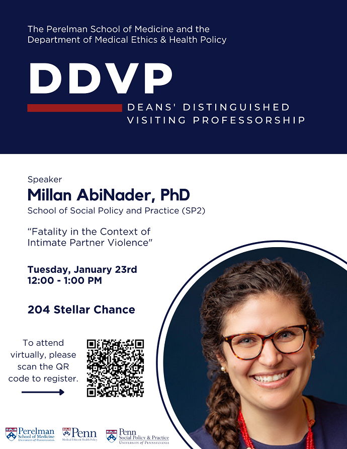 Penn Medicine CSO (@pennmedcso) on Twitter photo Join us on Tuesday, 1/23 at 12pm to see Deans' Distinguished Visiting Professor, <a href="/millanabinader/">Dr. Millan AbiNader</a> of <a href="/PennSP2/">PennSP2</a>, present her hybrid seminar "Fatality in the Context of Intimate Partner Violence" at <a href="/PennMEHP/">UPenn Medical Ethics & Health Policy</a> #PSOMDDVP <a href="/GBVresearchgrp/">Gbvrg</a> <a href="/PennInjury/">Penn Injury Science Center</a> tinyurl.com/hszs2hcc Join us on Tuesday, 1/23 at 12pm to see Deans' Distinguished Visiting Professor, <a href="/millanabinader/">Dr. Millan AbiNader</a> of <a href="/PennSP2/">PennSP2</a>, present her hybrid seminar "Fatality in the Context of Intimate Partner Violence" at <a href="/PennMEHP/">UPenn Medical Ethics & Health Policy</a> #PSOMDDVP <a href="/GBVresearchgrp/">Gbvrg</a> <a href="/PennInjury/">Penn Injury Science Center</a> tinyurl.com/hszs2hcc