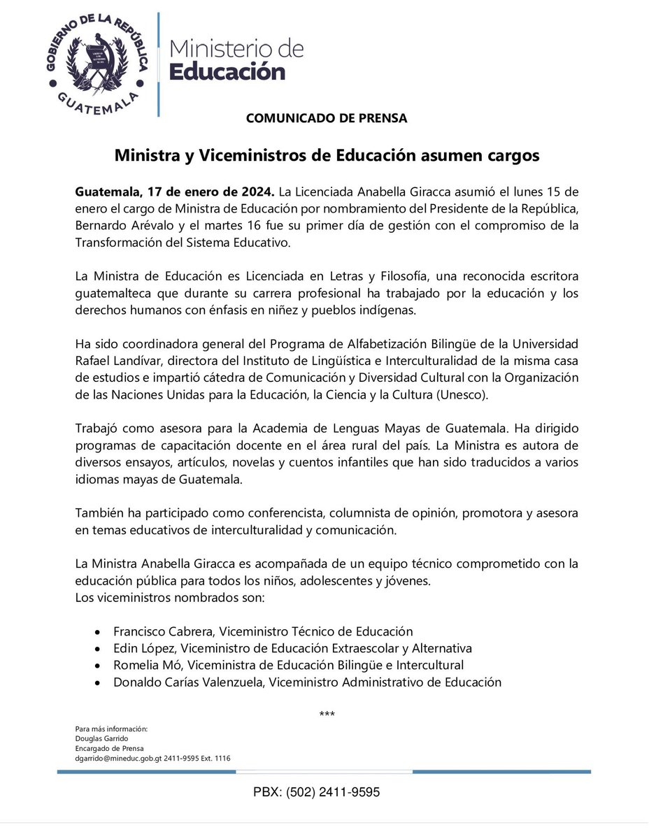 aleprensa's tweet photo. FUNCIONARIOS DE EDUCACIÓN ASUMEN CARGOS | En un comunicado oficial emitido por el Ministerio de Educación, se anuncia la integración de viceministros al equipo directivo de esta cartera.
⌨️ La Voz de Guate / Alejandro Escobar https://t.co/ATM6eRQRu9