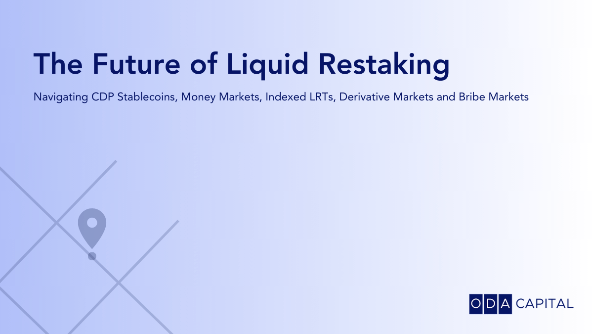 The Future of Liquid Restaking

With <a href="/eigencloud/"></a> receiving significant market participation, we set out to explore potential solutions that can be built around the liquid restaking paradigm
• CDP Stablecoin
• Money Markets
• Indexed LRTs
• Derivative Markets
• Bribe Markets