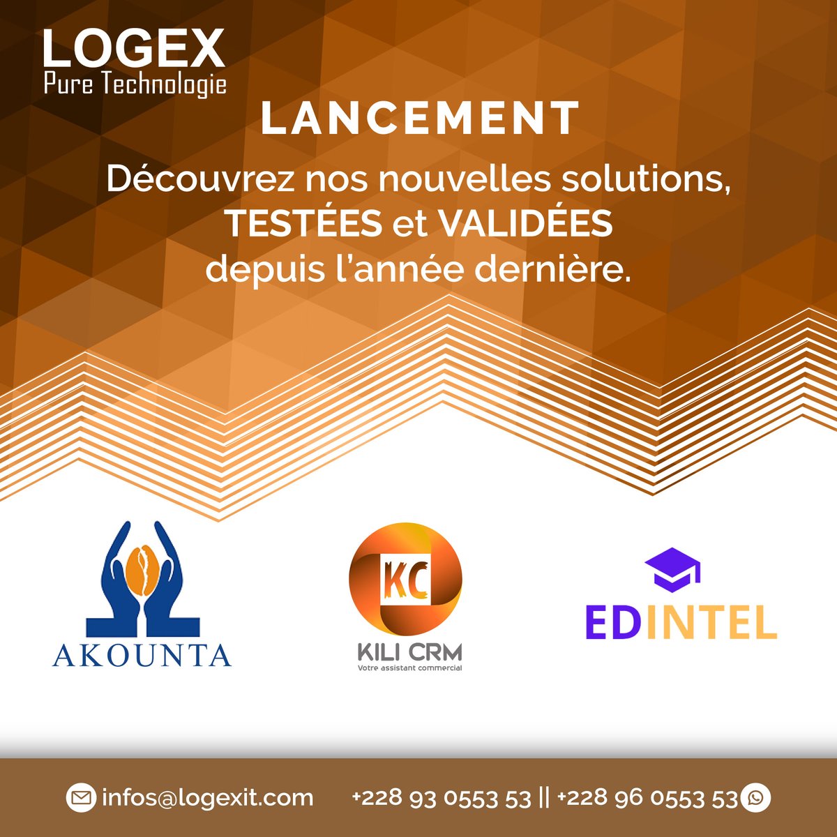 Lancement officiel de nos applications!🚀

Améliorer votre gestion avec :
- AKOUNTA : Gestion Comptable
- ⁠KiliCRM : Gestion Commerciale
- ⁠EDINTEL : Gestion d’École

Contactez nous pour un test gratuit.

Tel: +228 96 05 53 53
Mail: infos@logexit.com

#LancementApps #Innovation