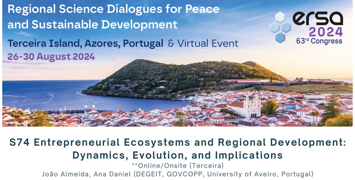 Are you interested in #EntrepreneurialEcosystems and their implications on #RegionalDevelopment?

Join us at the next @ERSA_org congress on the beautiful Terceira Island in Azores!🏝️

👉Submit your abstracts by 30th January to our special session 74!

#Academia #PhD #Research