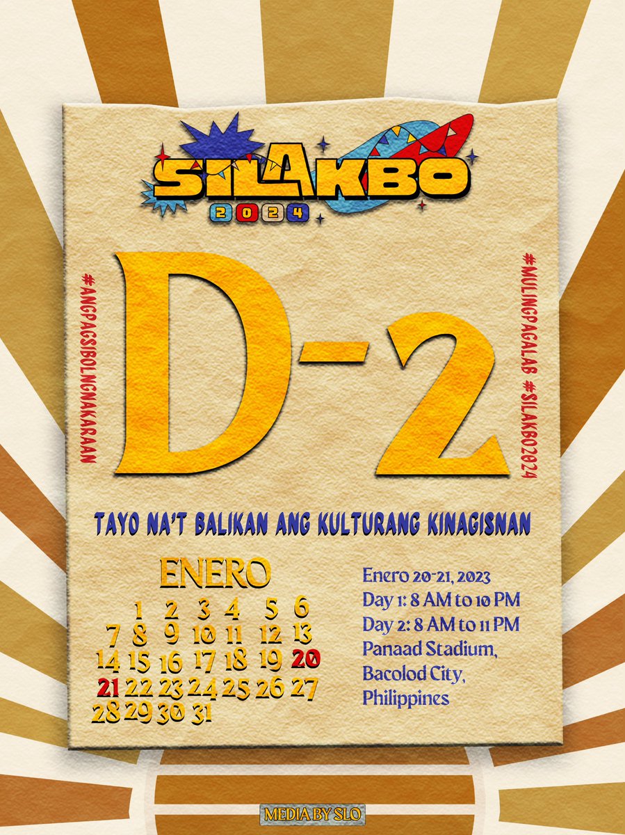 ‌
    
    𓇢𓆸 SILAKBO 2024: PIYESTANG PINOY

     𝐃𝐀𝐋𝐀𝐖𝐀𝐍𝐆 𝐀𝐑𝐀𝐖 
     𝐁𝐀𝐆𝐎 𝐀𝐍𝐆 𝐏𝐈𝐘𝐄𝐒𝐓𝐀𝐇𝐀𝐍

     #AngPagsibolNgNakaraan
     #MulingPagAlab #Silakbo2024

‌