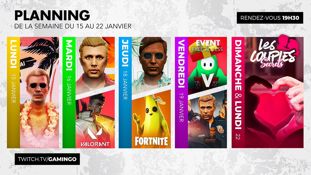 Planning de la semaine : 

⭐️Rencontre de Kyle et sa belle sœur ce soir
🏆Évent XXL sur le FA demain 
💖Télé réalité ce Week-End  

twitch.tv/Gamingo 🍌